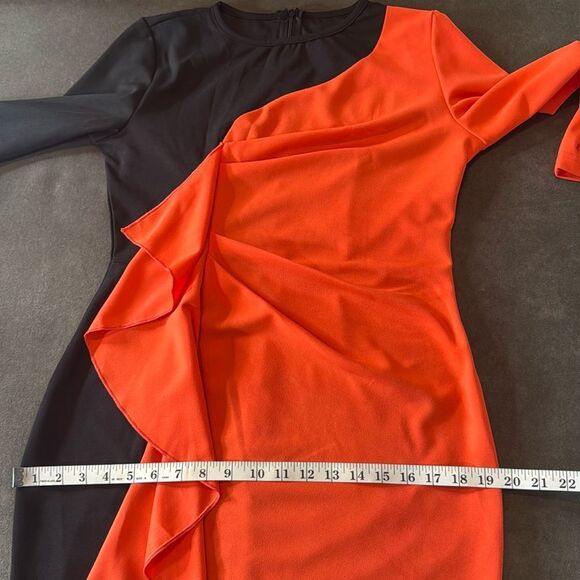 Women’s Black & Orange Asymmetrical Ruffle Midi Dress 3/4 Sleeve Zip Back Size M - Picture 11 of 14
